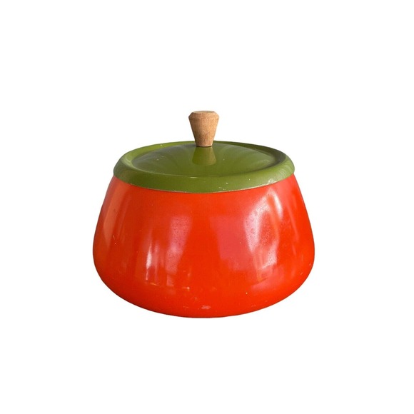 Vtg Shachi Orange Enamelware Fondue Pot W/Lid Wood Handle Mid Century Japan 5” - Picture 2 of 11